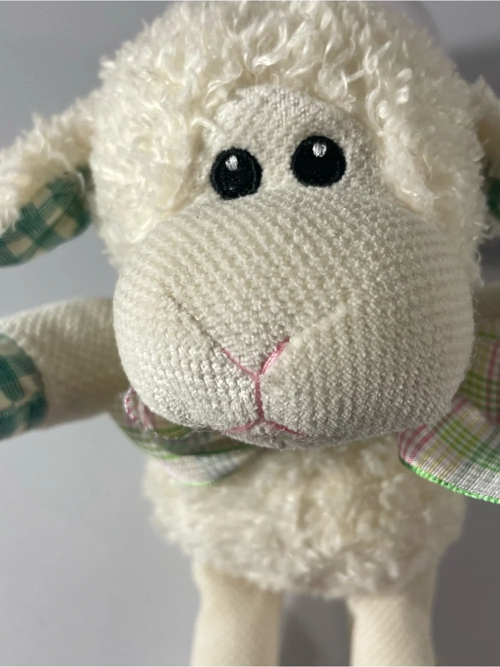 Pier 1 Cream Plush Lamb with Pink/Pastel Plaid Accents